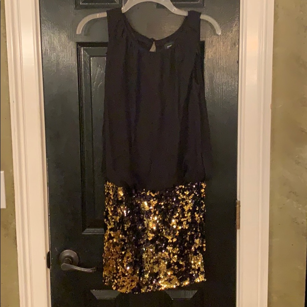 Adrianna Papell Black Top with Gold Sequin Mini Skirt Dress